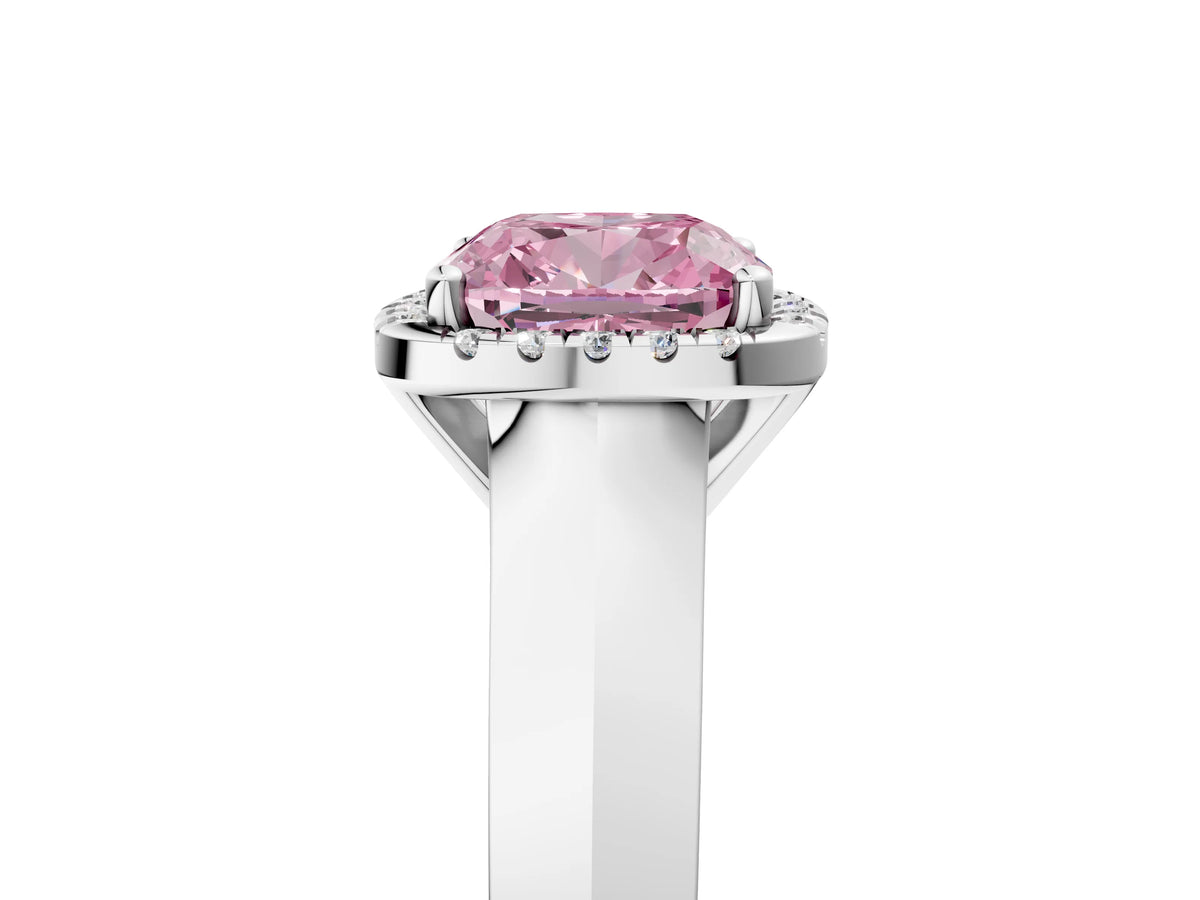 Fancy Pink Cushion Cut Diamond Halo Ring in Silver with Cathedral Band and Prong Setting_17