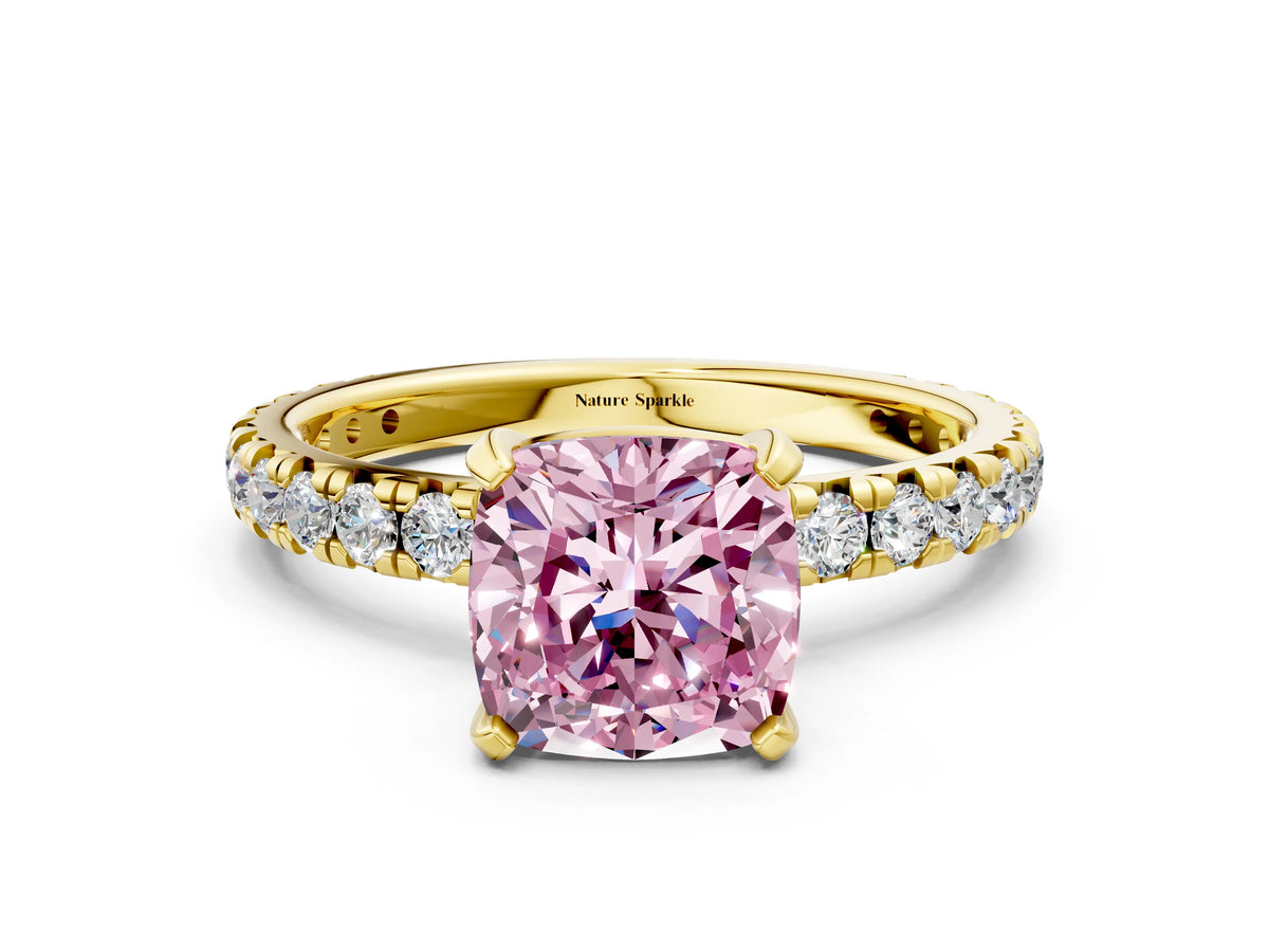 Fancy Pink Cushion Cut Diamond Pavé Solitaire Ring in Yellow gold with Round Pavé Band and Prong Setting