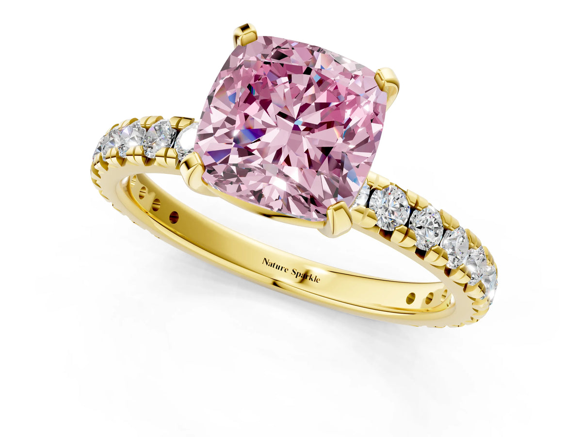 Fancy Pink Cushion Cut Diamond Pavé Solitaire Ring in Yellow gold with Round Pavé Band and Prong Setting_1