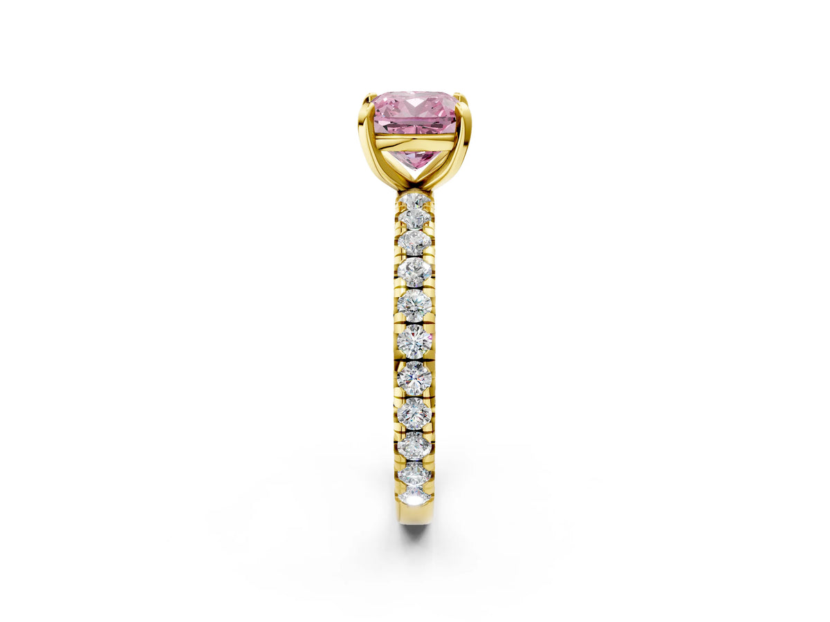 Fancy Pink Cushion Cut Diamond Pavé Solitaire Ring in Yellow gold with Round Pavé Band and Prong Setting_2