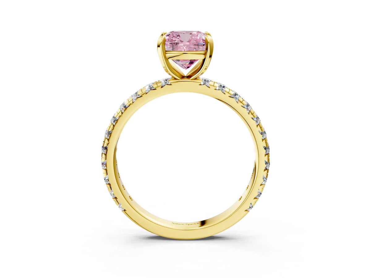 Fancy Pink Cushion Cut Diamond Pavé Solitaire Ring in Yellow gold with Round Pavé Band and Prong Setting_3