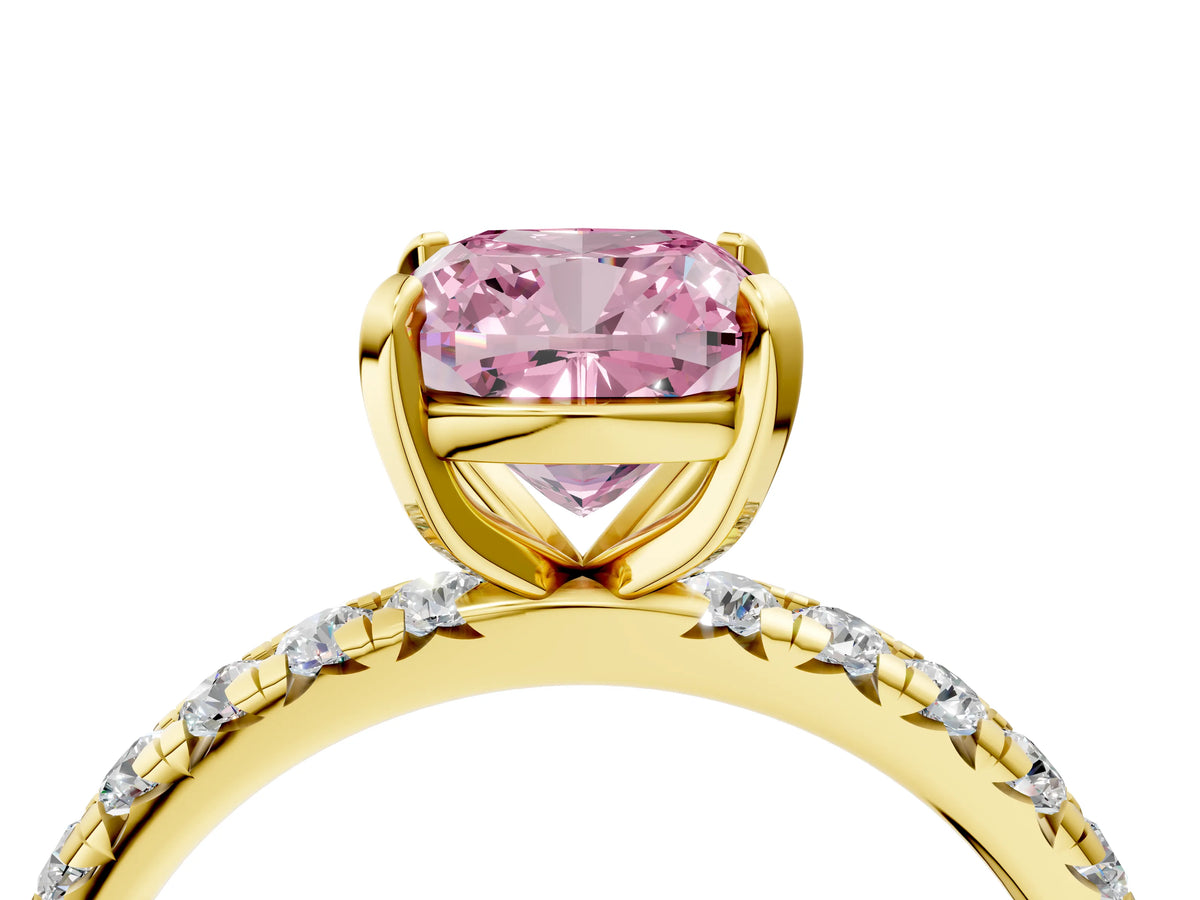 Fancy Pink Cushion Cut Diamond Pavé Solitaire Ring in Yellow gold with Round Pavé Band and Prong Setting_4
