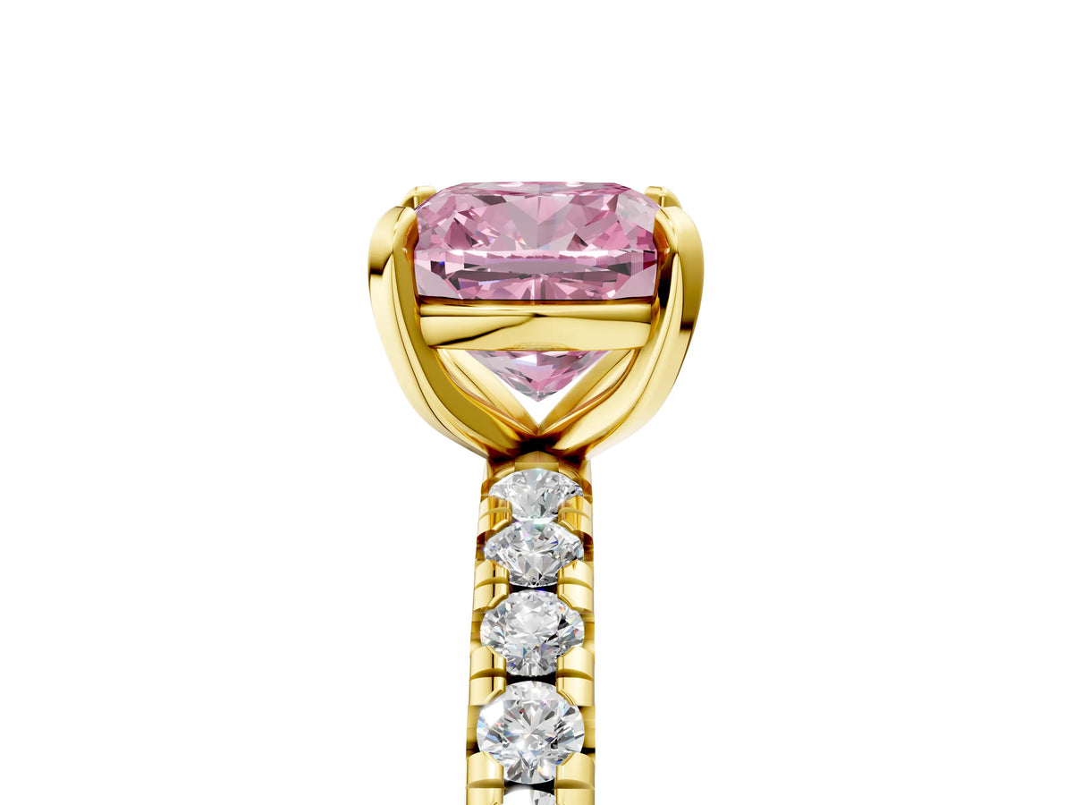 Fancy Pink Cushion Cut Diamond Pavé Solitaire Ring in Yellow gold with Round Pavé Band and Prong Setting_5