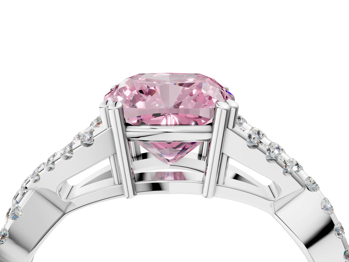 Fancy Pink Cushion Cut Diamond Solitaire Ring in Platinum with Interwoven Pavé Band and Prong Setting_10