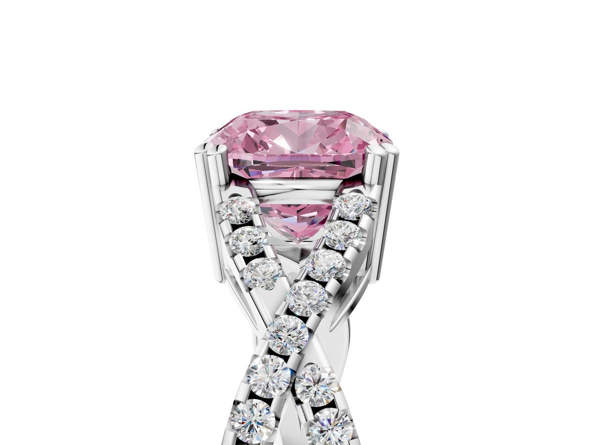 Fancy Pink Cushion Cut Diamond Solitaire Ring in Platinum with Interwoven Pavé Band and Prong Setting_11