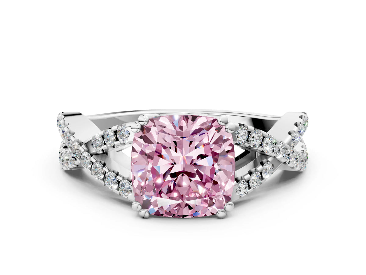 Fancy Pink Cushion Cut Diamond Solitaire Ring in Platinum with Interwoven Pavé Band and Prong Setting_6