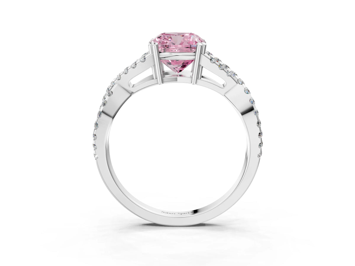 Fancy Pink Cushion Cut Diamond Solitaire Ring in Silver with Interwoven Pavé Band and Prong Setting_9