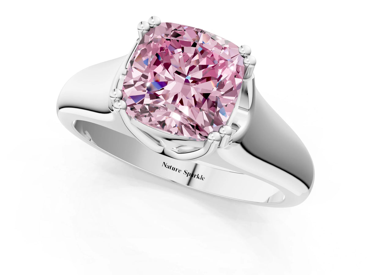 Fancy Pink Cushion Cut Diamond Solitaire Ring in Silver with Smooth Wide Band and Prong Setting_7