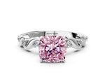 Fancy Pink Cushion Cut Diamond Solitaire Ring in Silver with Twisted Ribbon Band and Round Accents