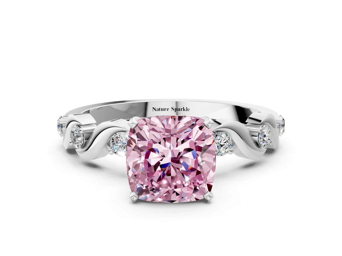 Fancy Pink Cushion Cut Diamond Solitaire Ring in Silver with Twisted Ribbon Band and Round Accents