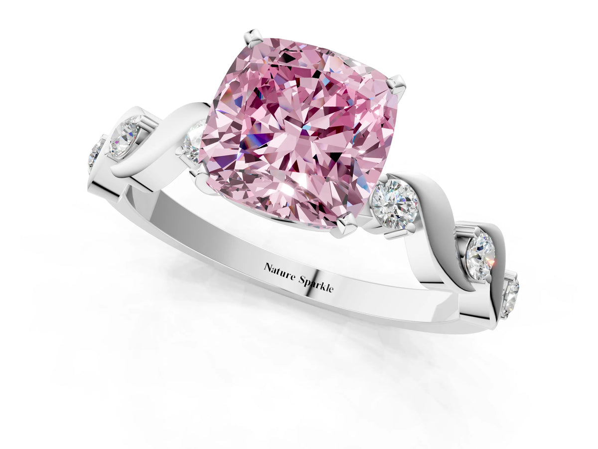 Fancy Pink Cushion Cut Diamond Solitaire Ring in Silver with Twisted Ribbon Band and Round Accents_1