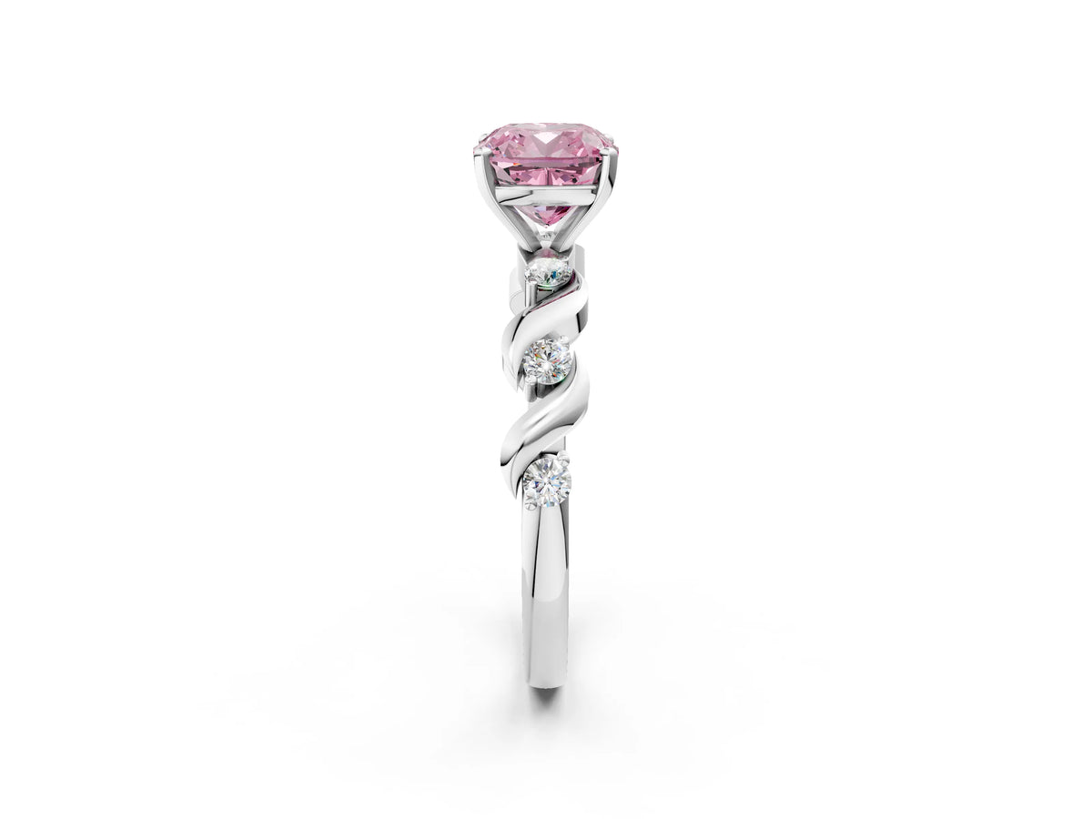 Fancy Pink Cushion Cut Diamond Solitaire Ring in Silver with Twisted Ribbon Band and Round Accents_2