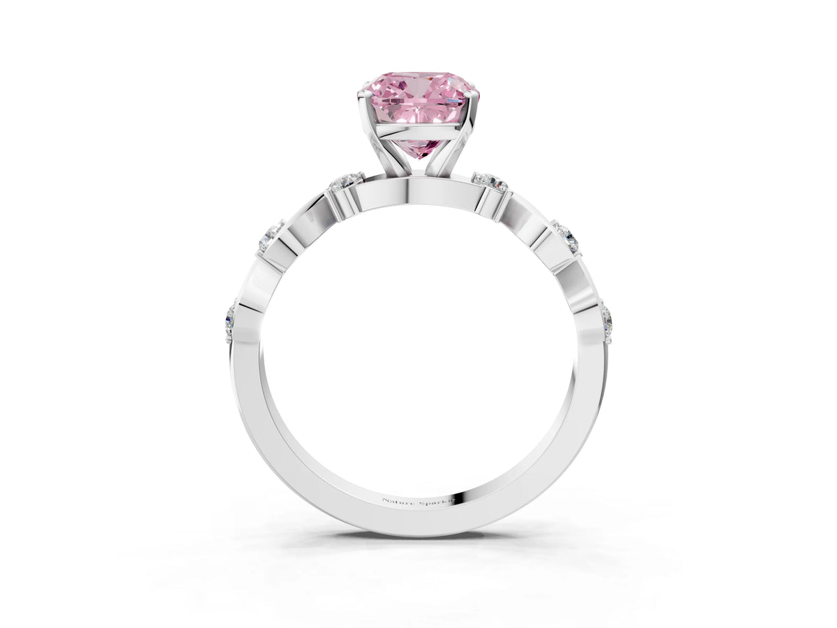 Fancy Pink Cushion Cut Diamond Solitaire Ring in Silver with Twisted Ribbon Band and Round Accents_3