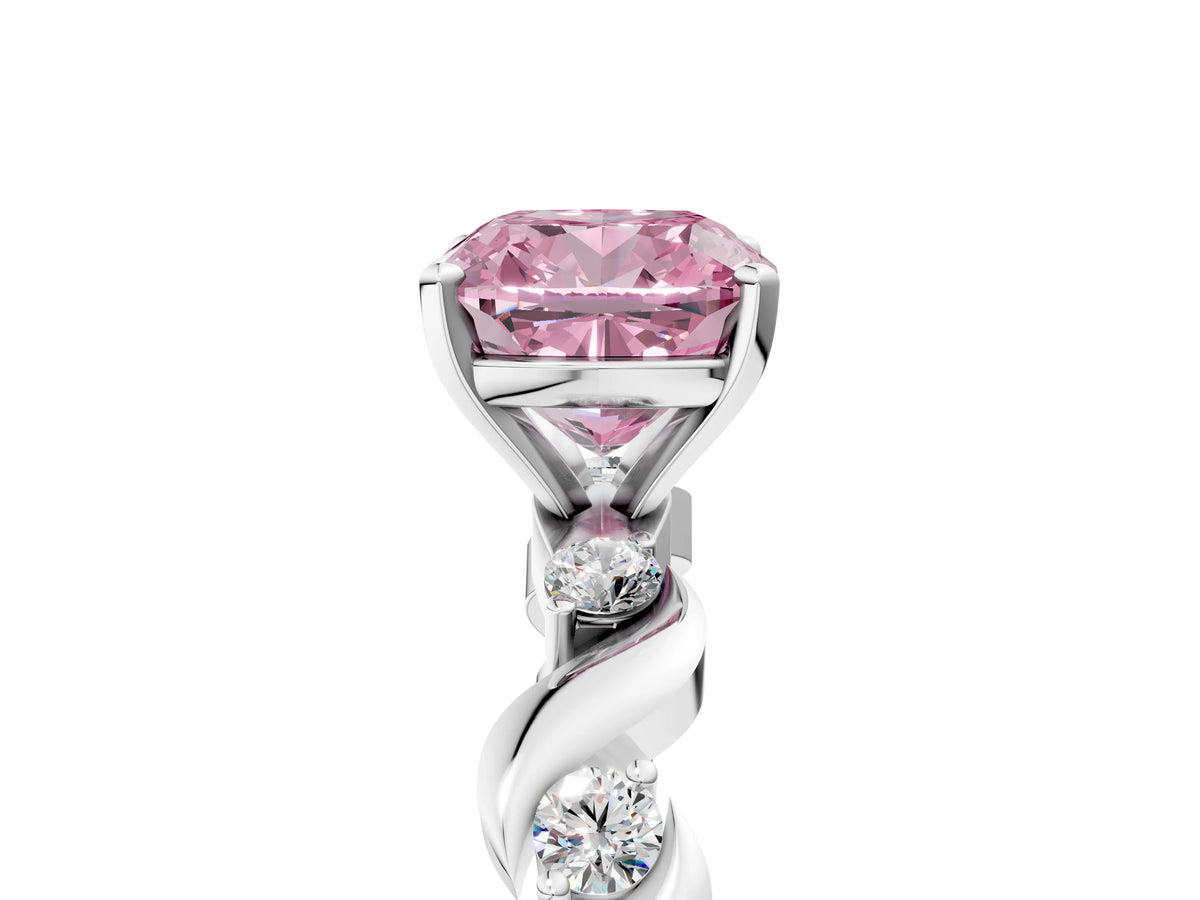 Fancy Pink Cushion Cut Diamond Solitaire Ring in Silver with Twisted Ribbon Band and Round Accents_5
