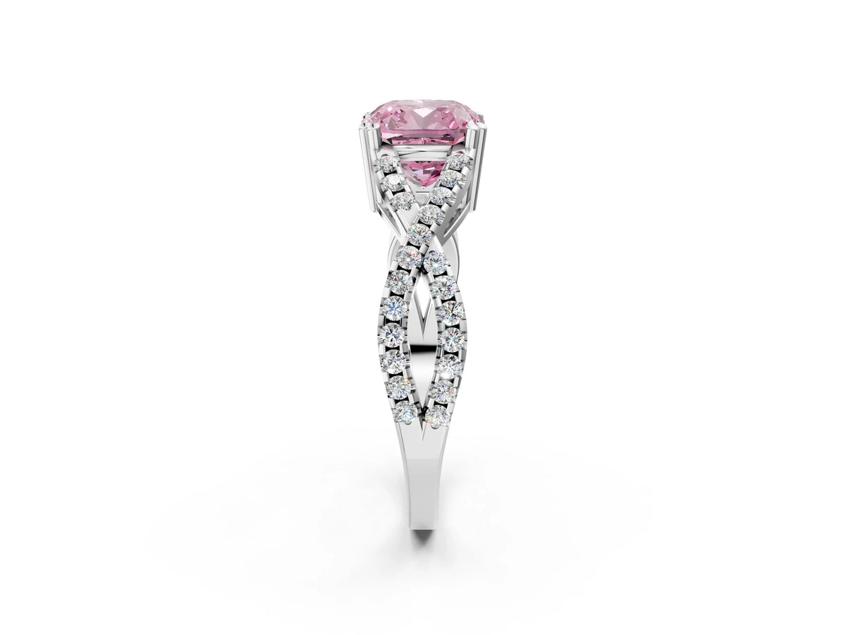 Fancy Pink Cushion Cut Diamond Solitaire Ring in White gold with Interwoven Pavé Band and Prong Setting_2