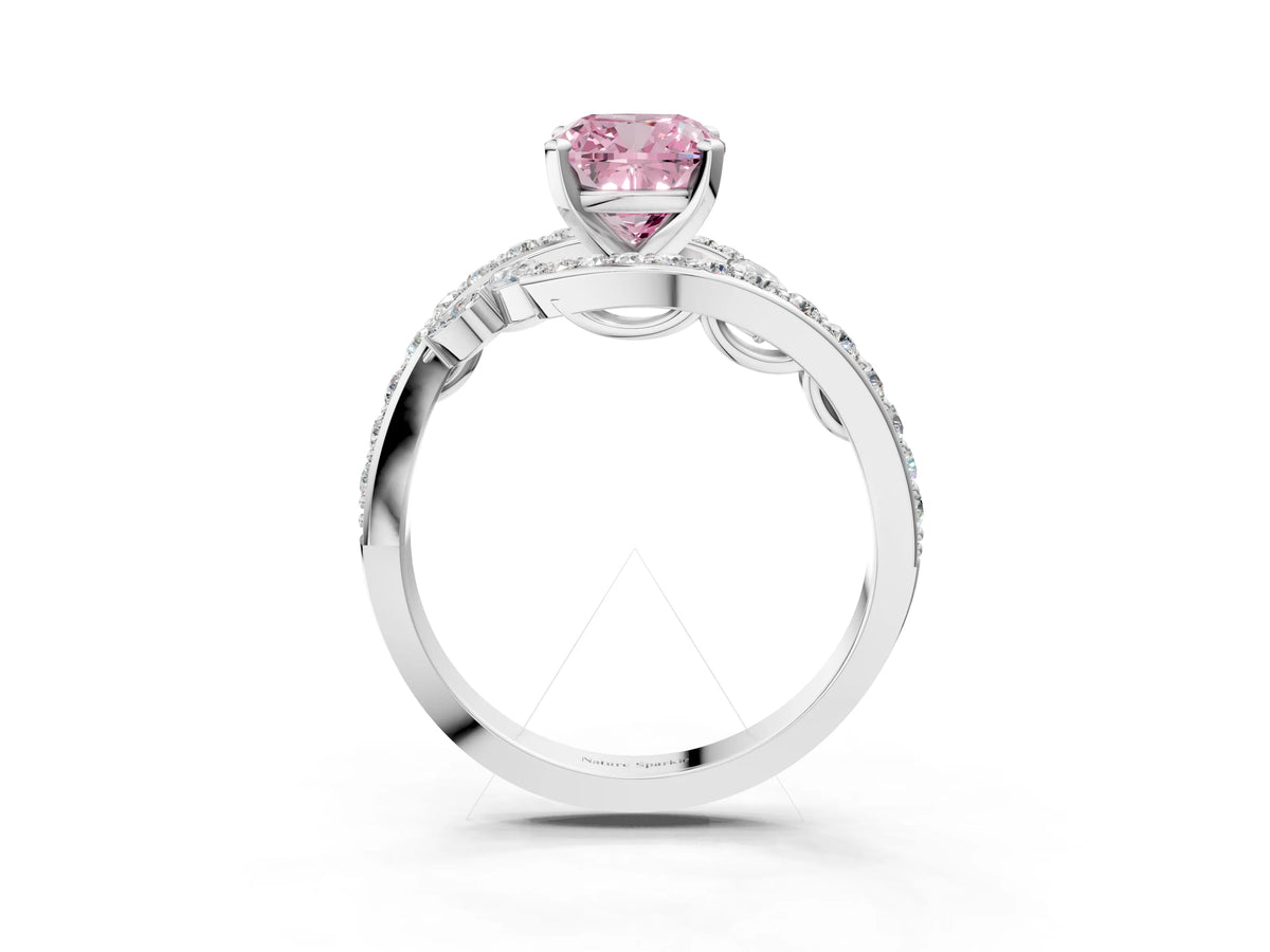 Fancy Pink Cushion Cut Diamond Solitaire Ring in White gold with Pavé Twist Band and Prong Setting_3