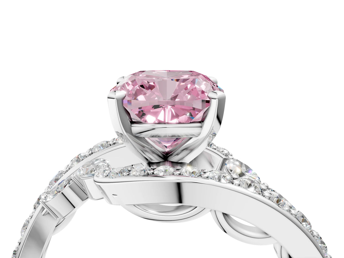 Fancy Pink Cushion Cut Diamond Solitaire Ring in White gold with Pavé Twist Band and Prong Setting_4