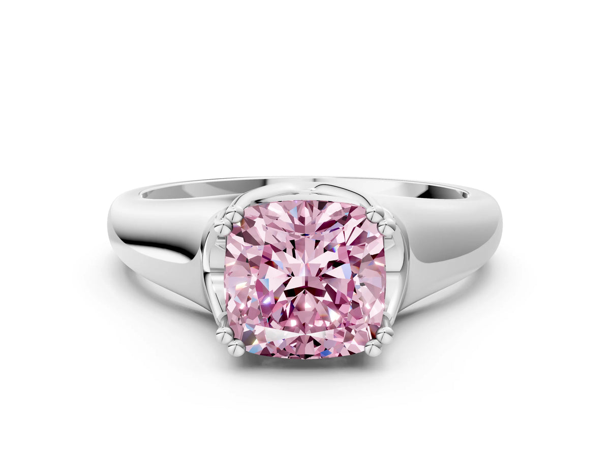 Fancy Pink Cushion Cut Diamond Solitaire Ring in White gold with Smooth Wide Band and Prong Setting