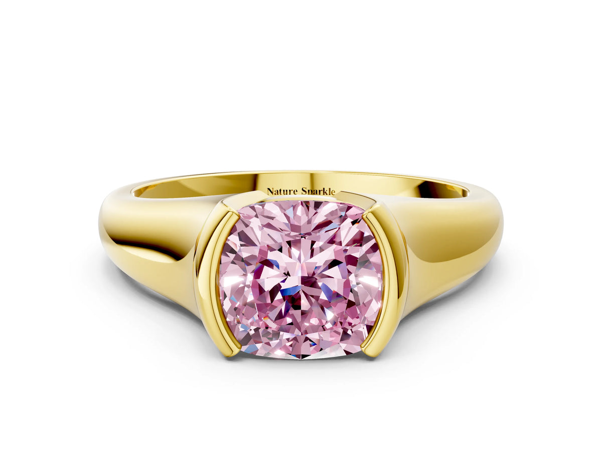 Fancy Pink Cushion Cut Diamond Tension Set Solitaire Ring in Yellow gold with Split Shank Band