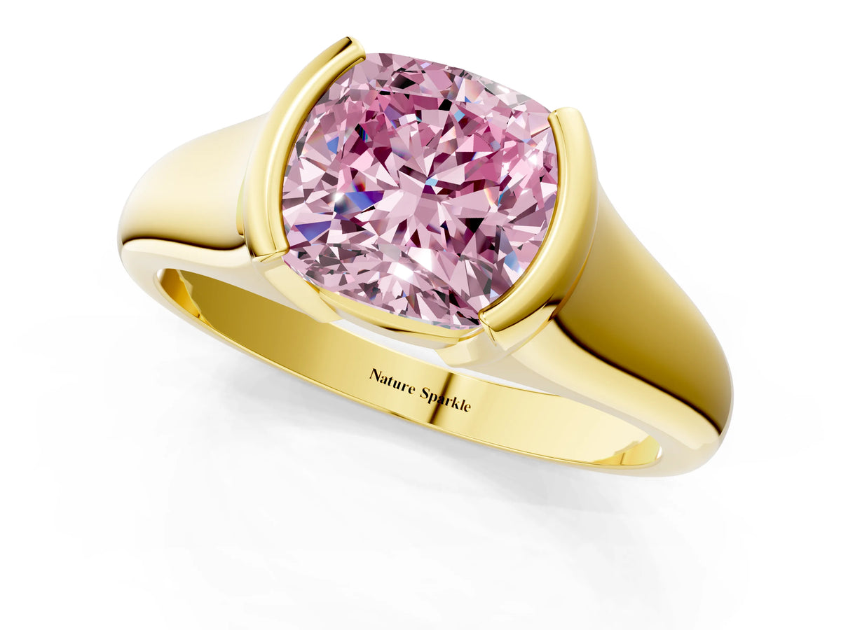 Fancy Pink Cushion Cut Diamond Tension Set Solitaire Ring in Yellow gold with Split Shank Band_1