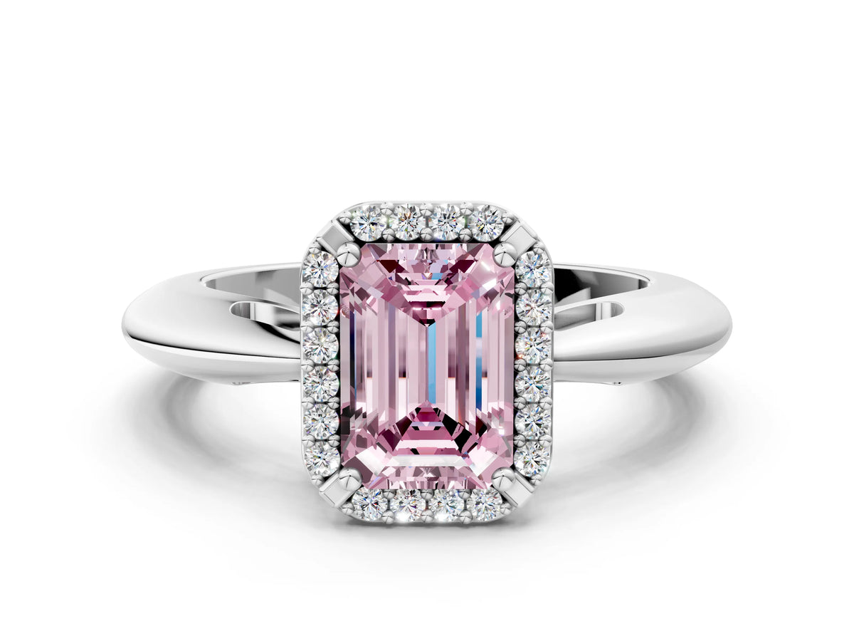 Fancy Pink Emerald Cut Diamond Halo Engagement Ring in Platinum with Plain Split Shank and Prong Setting_12
