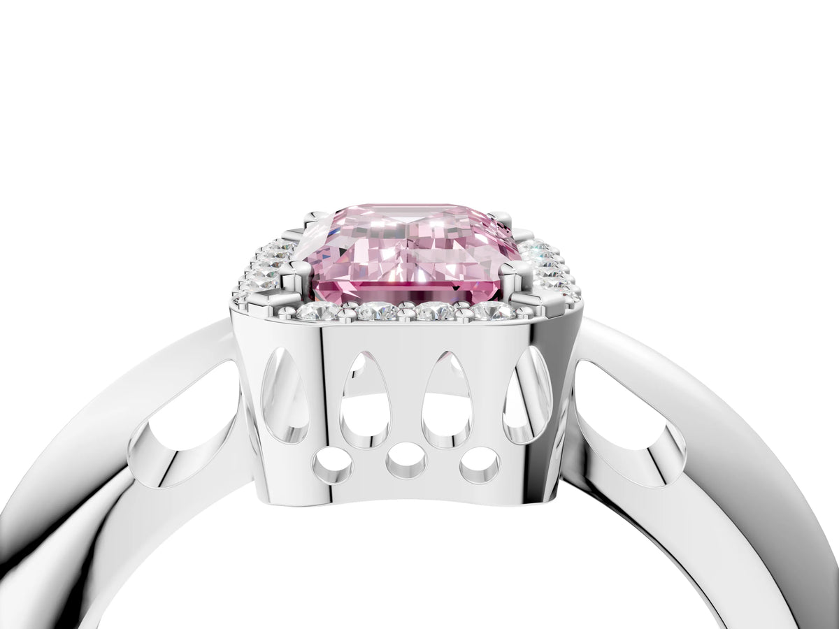 Fancy Pink Emerald Cut Diamond Halo Engagement Ring in Platinum with Plain Split Shank and Prong Setting_16
