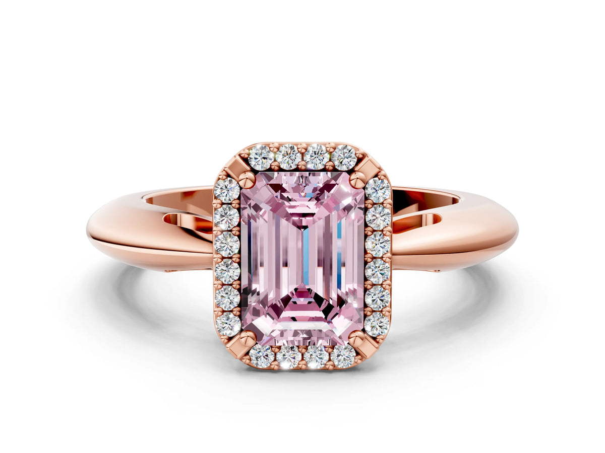 Fancy Pink Emerald Cut Diamond Halo Engagement Ring in Rose gold with Plain Split Shank and Prong Setting