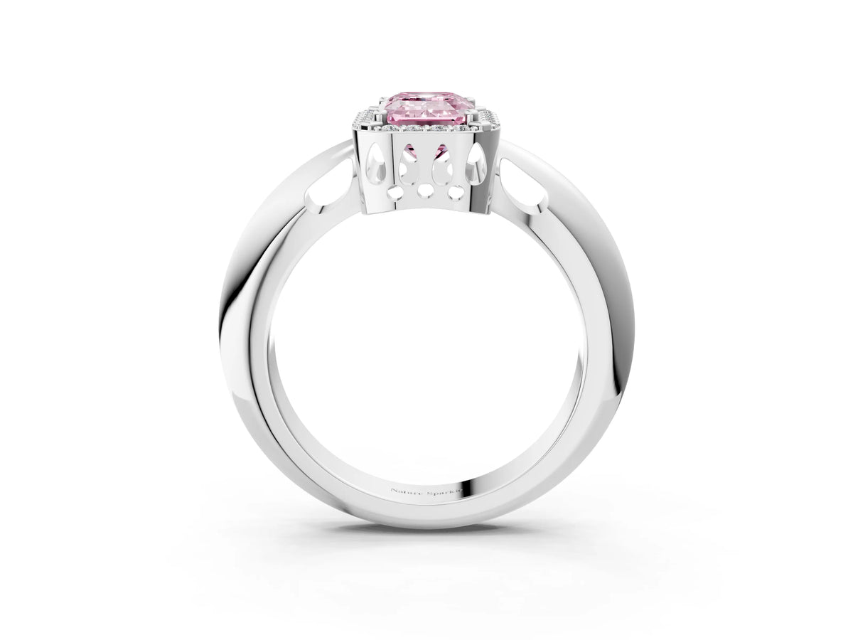 Fancy Pink Emerald Cut Diamond Halo Engagement Ring in Silver with Plain Split Shank and Prong Setting_15