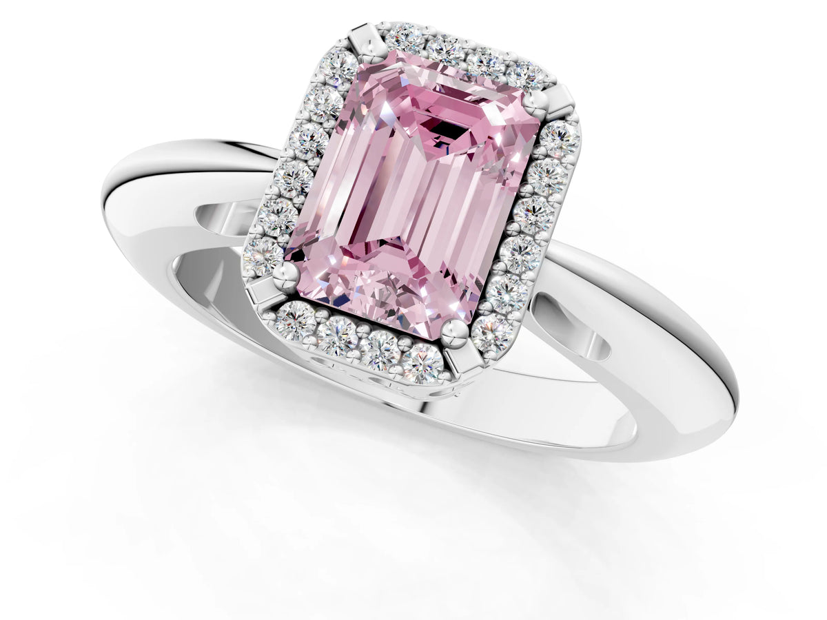 Fancy Pink Emerald Cut Diamond Halo Engagement Ring in White gold with Plain Split Shank and Prong Setting_1