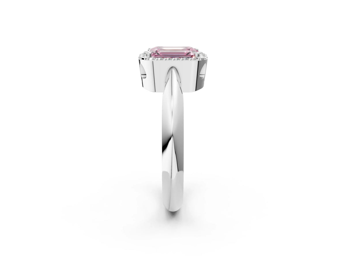 Fancy Pink Emerald Cut Diamond Halo Engagement Ring in White gold with Plain Split Shank and Prong Setting_2