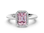 Fancy Pink Emerald Cut Diamond Halo Engagement Ring in White gold with Plain Split Shank and Prong Setting