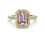 Fancy Pink Emerald Cut Diamond Halo Engagement Ring in Yellow gold with Milgrain Detail and Pavé Band