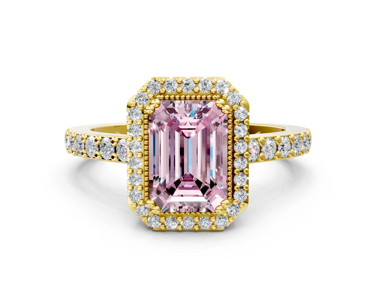 Fancy Pink Emerald Cut Diamond Halo Engagement Ring in Yellow gold with Milgrain Detail and Pavé Band
