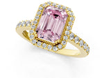 Fancy Pink Emerald Cut Diamond Halo Engagement Ring in Yellow gold with Milgrain Detail and Pavé Band_1