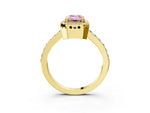 Fancy Pink Emerald Cut Diamond Halo Engagement Ring in Yellow gold with Milgrain Detail and Pavé Band_3
