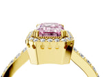 Fancy Pink Emerald Cut Diamond Halo Engagement Ring in Yellow gold with Milgrain Detail and Pavé Band_4