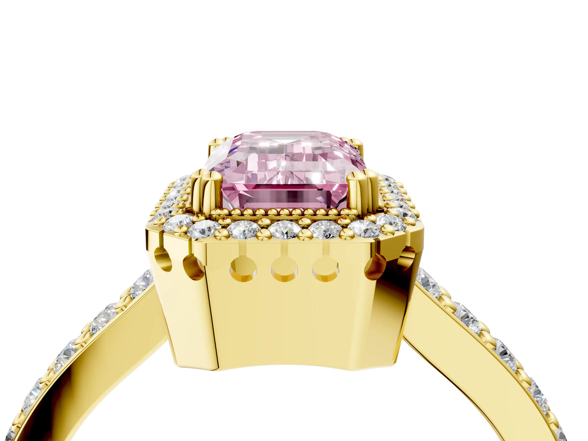 Fancy Pink Emerald Cut Diamond Halo Engagement Ring in Yellow gold with Milgrain Detail and Pavé Band_4
