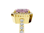 Fancy Pink Emerald Cut Diamond Halo Engagement Ring in Yellow gold with Milgrain Detail and Pavé Band_5