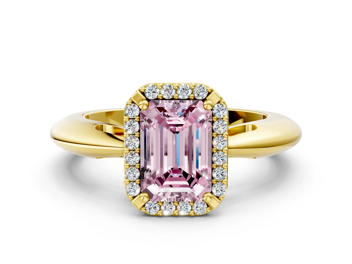 Fancy Pink Emerald Cut Diamond Halo Engagement Ring in Yellow gold with Plain Split Shank and Prong Setting