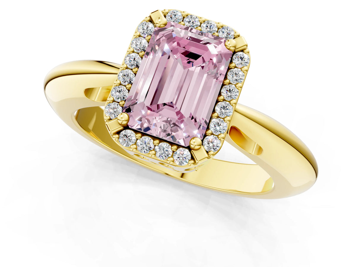 Fancy Pink Emerald Cut Diamond Halo Engagement Ring in Yellow gold with Plain Split Shank and Prong Setting_1