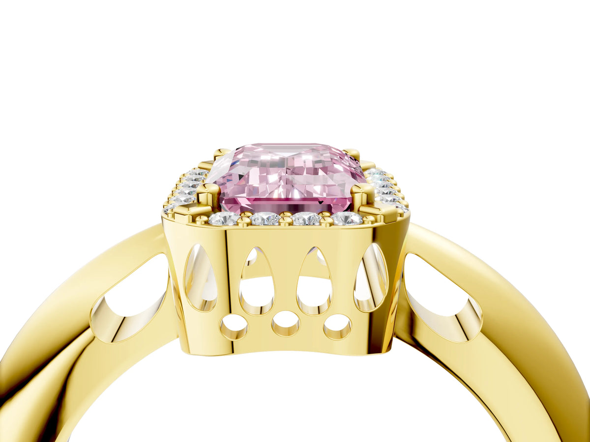 Fancy Pink Emerald Cut Diamond Halo Engagement Ring in Yellow gold with Plain Split Shank and Prong Setting_4