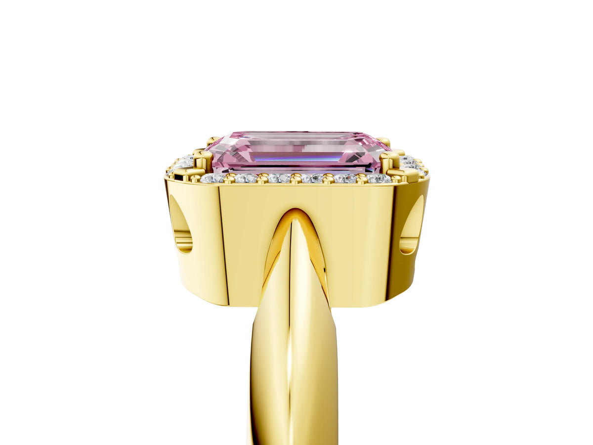 Fancy Pink Emerald Cut Diamond Halo Engagement Ring in Yellow gold with Plain Split Shank and Prong Setting_5