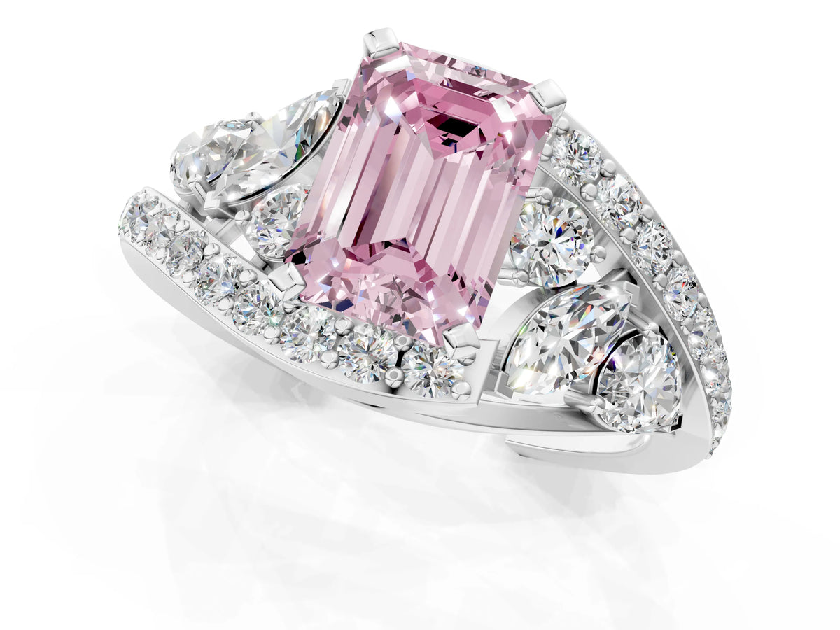 Fancy Pink Emerald Cut Diamond Halo Ring in White gold with Marquise and Pavé Band in Prong Setting_1