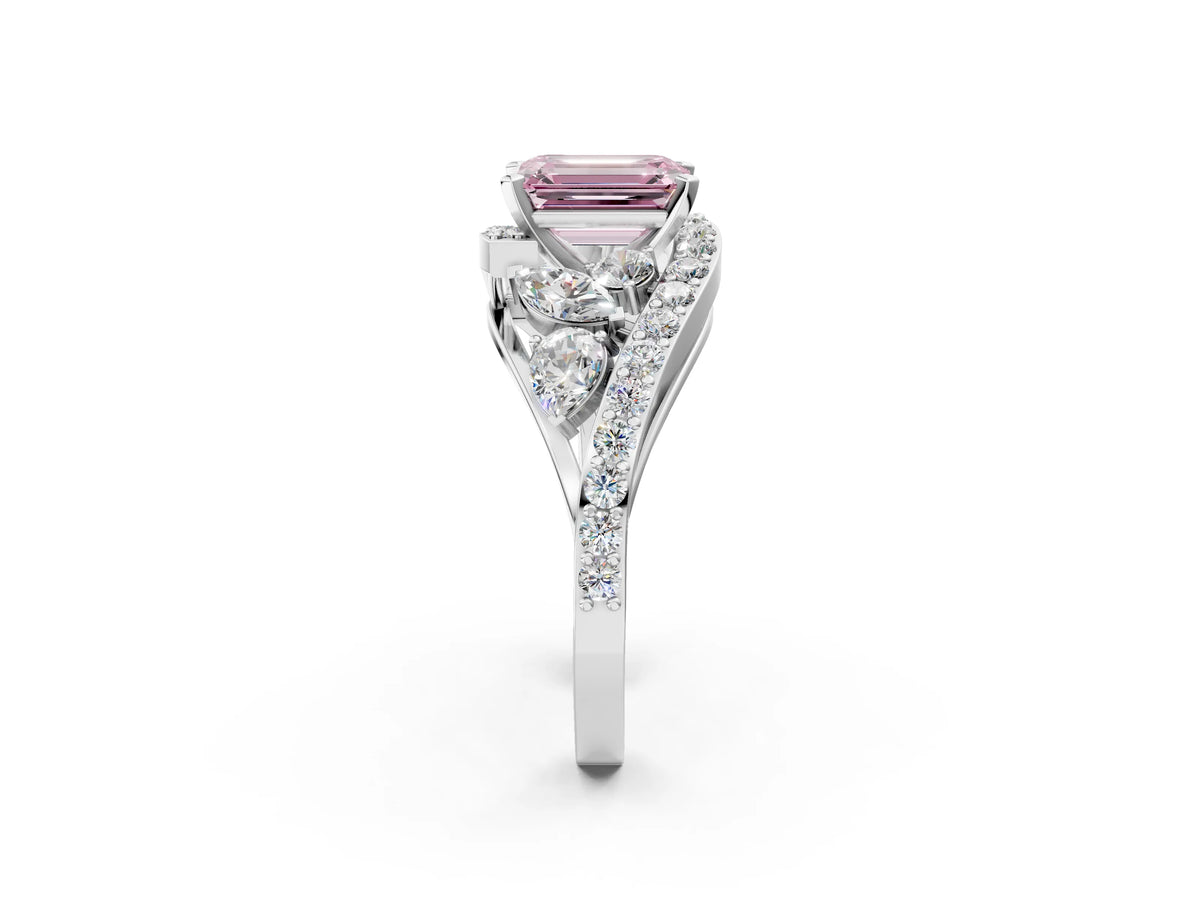 Fancy Pink Emerald Cut Diamond Halo Ring in White gold with Marquise and Pavé Band in Prong Setting_2