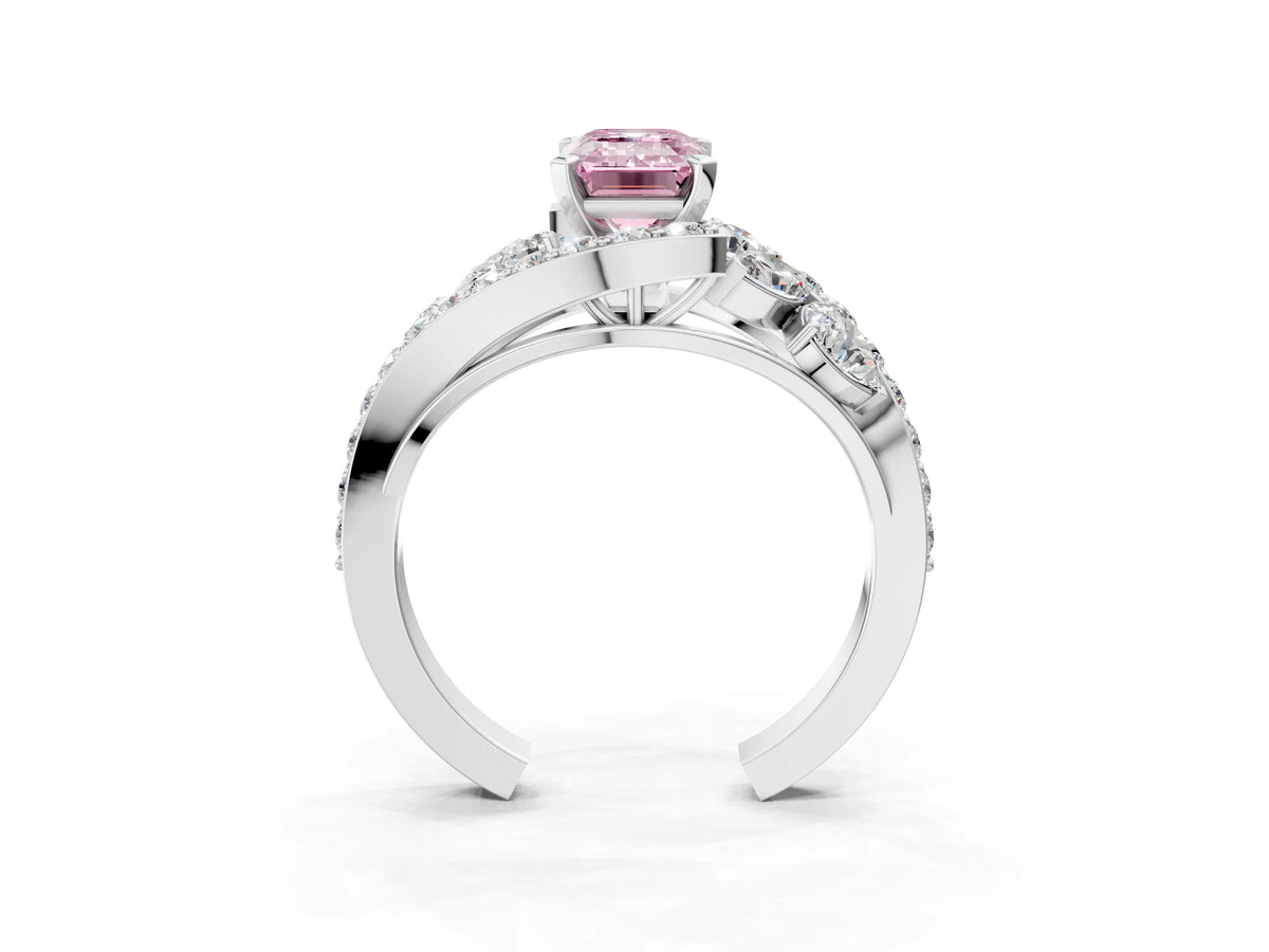Fancy Pink Emerald Cut Diamond Halo Ring in White gold with Marquise and Pavé Band in Prong Setting_3