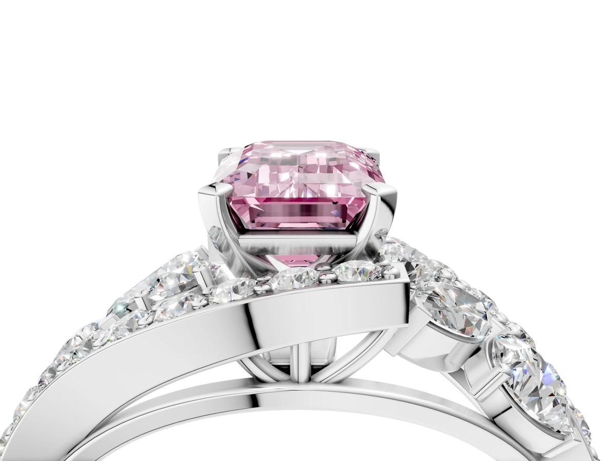 Fancy Pink Emerald Cut Diamond Halo Ring in White gold with Marquise and Pavé Band in Prong Setting_4