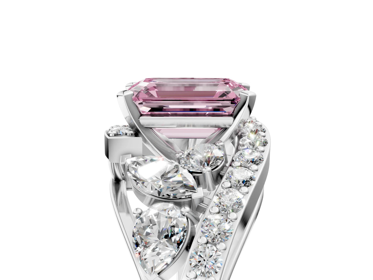 Fancy Pink Emerald Cut Diamond Halo Ring in White gold with Marquise and Pavé Band in Prong Setting_5