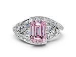 Fancy Pink Emerald Cut Diamond Halo Ring in White gold with Marquise and Pavé Band in Prong Setting