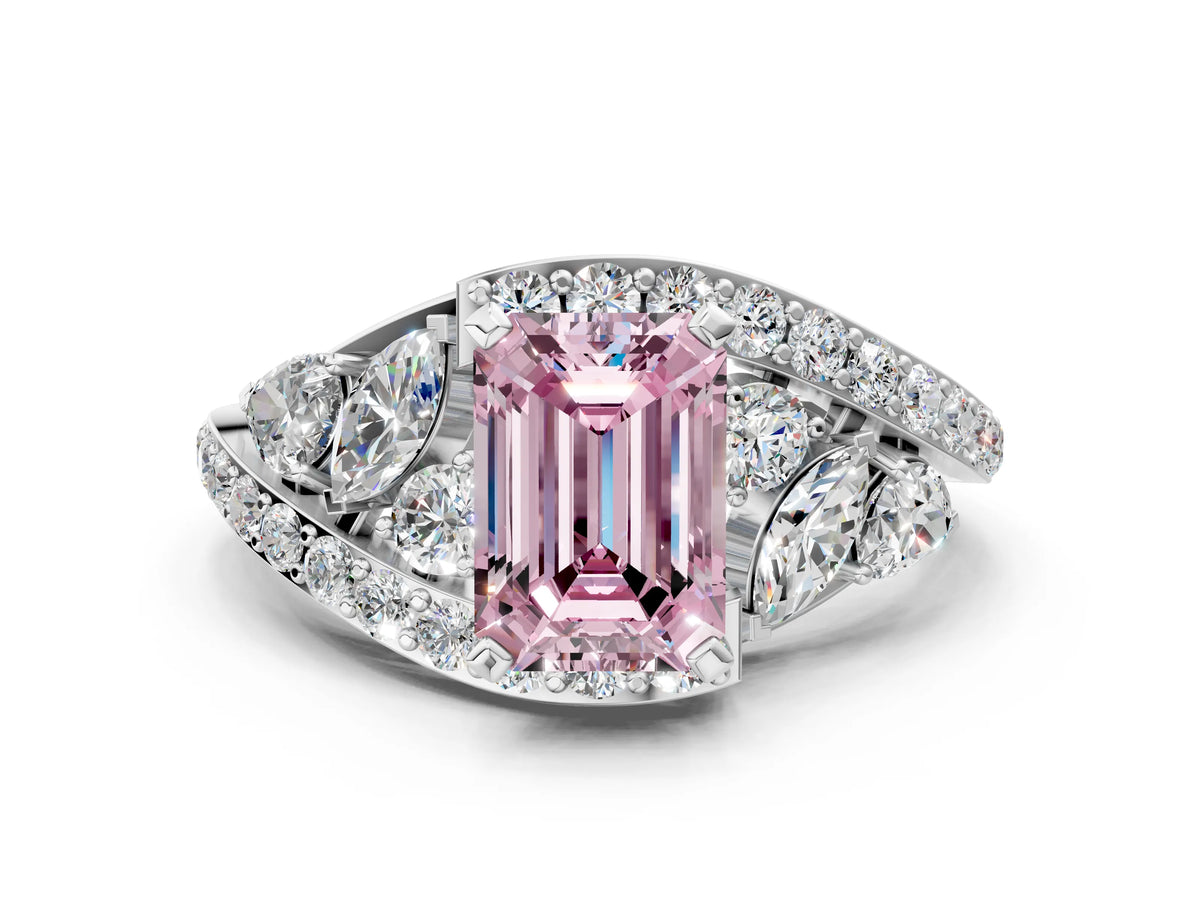 Fancy Pink Emerald Cut Diamond Halo Ring in White gold with Marquise and Pavé Band in Prong Setting