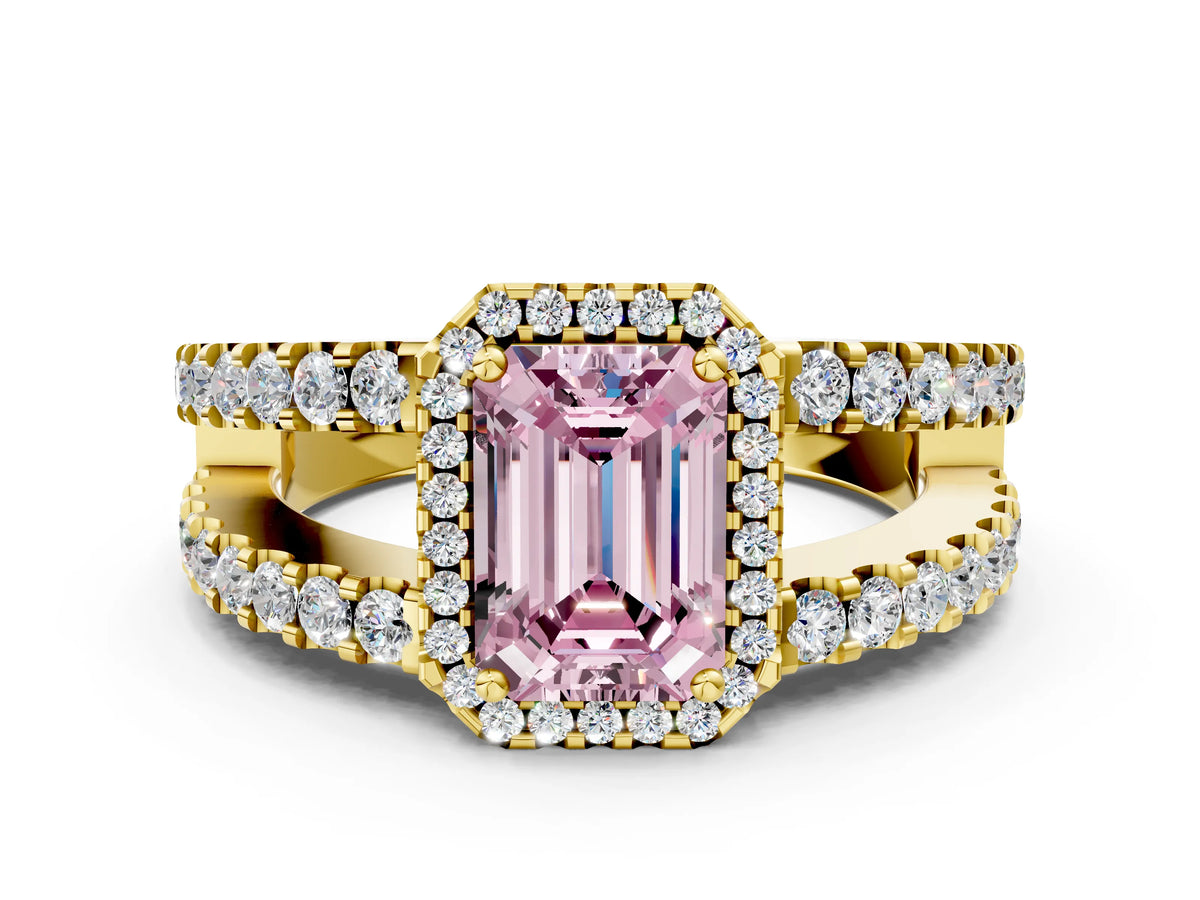 Fancy Pink Emerald Cut Diamond Halo Ring in Yellow gold with Split Shank Band and Prong Setting